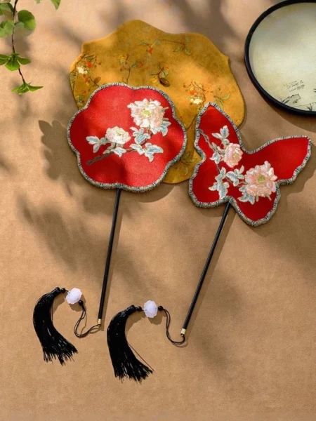Chinese Style Red Embroidered Round Fan