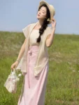 ราชวงศ์ซ่งสไตล์ลำลองสีชมพู Qiyao Qun Hanfu Set-1