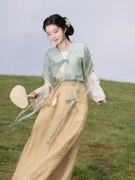 Ensemble Hanfu Beizi vert amélioré de la dynastie Tang
