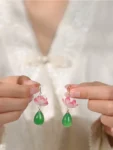 Chinese-Style Pink Lotus Flower Drop Earrings – Elegant Oriental Design-1