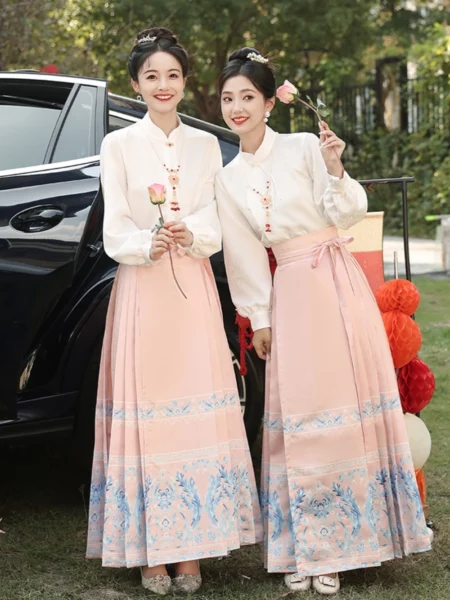 Chinese Style Pink Mamian Skirt Set