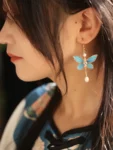 手工製藍色蝴蝶耳環-1