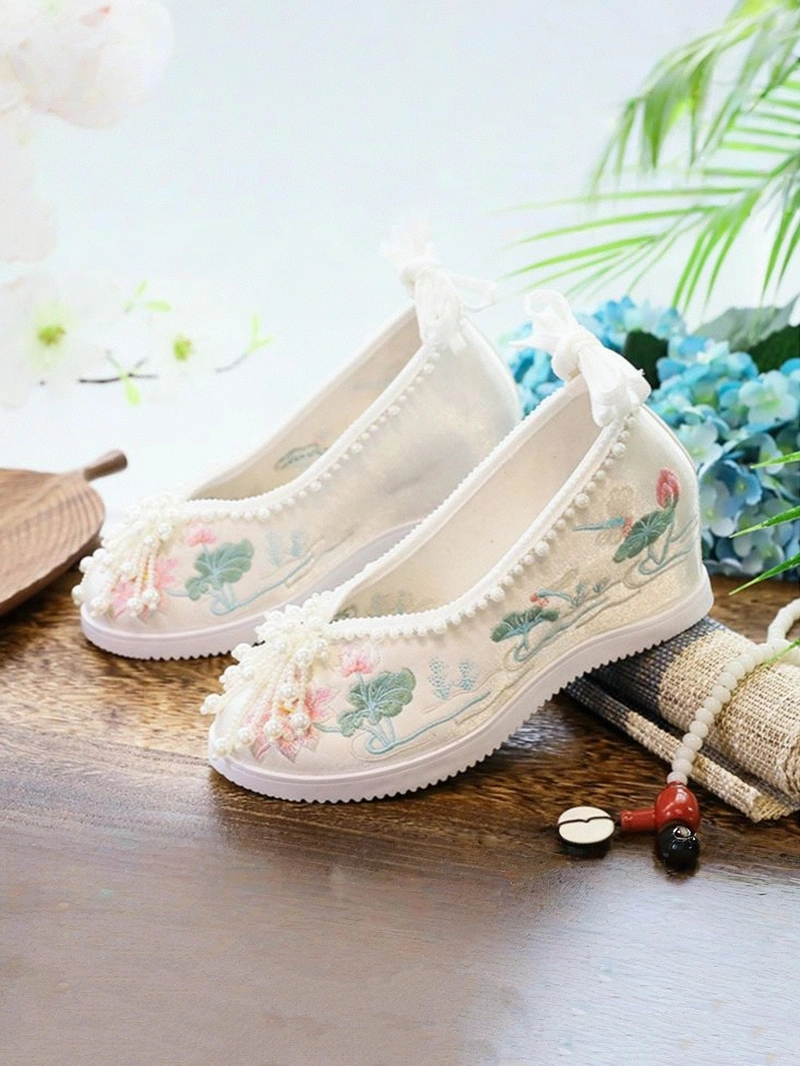 명나라 한복 신발 - 진주 연꽃 자수 플랫폼 디자인 - 한복 방식: 모든 경우에 적합한 전통 및 현대 중국 한복 의류