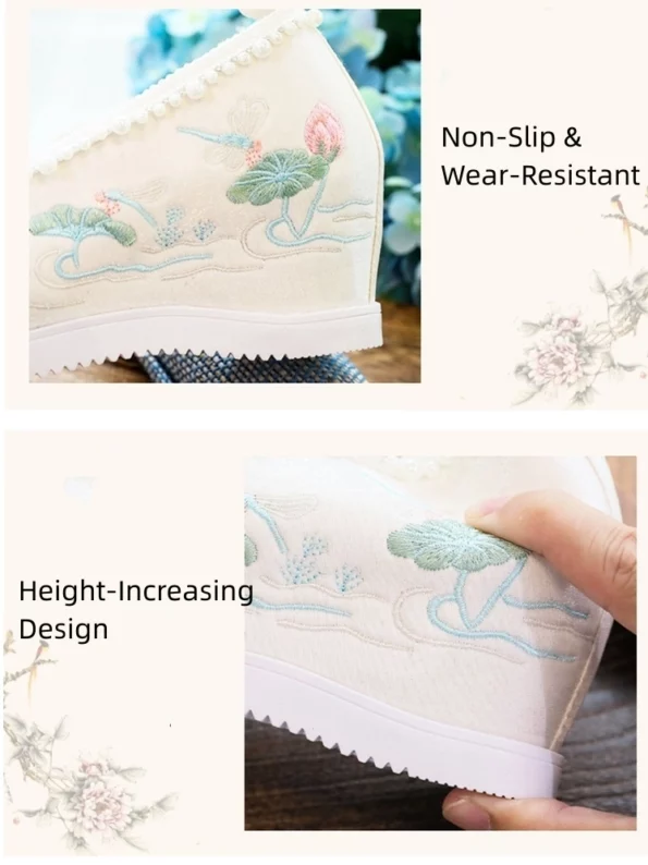 명나라 한복 신발 - 진주 연꽃 자수 플랫폼 디자인 - 한복 방식: 모든 경우에 적합한 전통 및 현대 중국 한복 의류