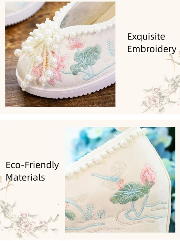 명나라 한복 신발 - 진주 연꽃 자수 플랫폼 디자인 - 한복 방식: 모든 경우에 적합한 전통 및 현대 중국 한복 의류