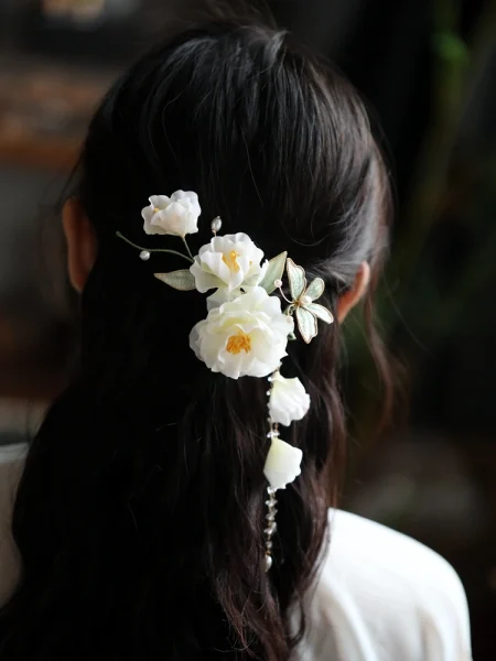 Chinese Style White Floral Butterfly Hair Clip