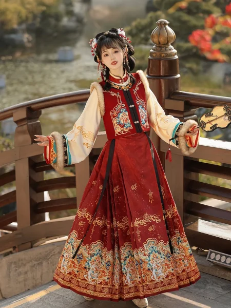 Conjunto de hanfu de invierno Bijia Mamian Qun bordado de la dinastía Ming