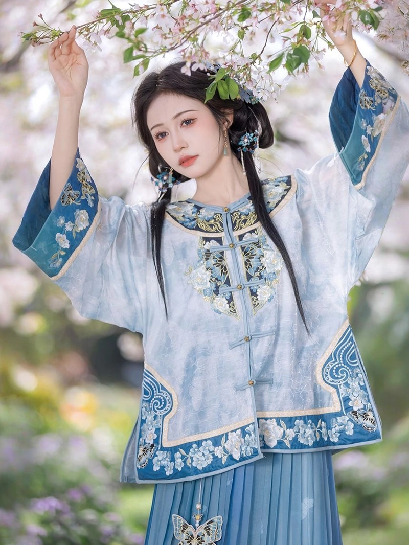 民国蓝色刺绣百褶裙套装-10