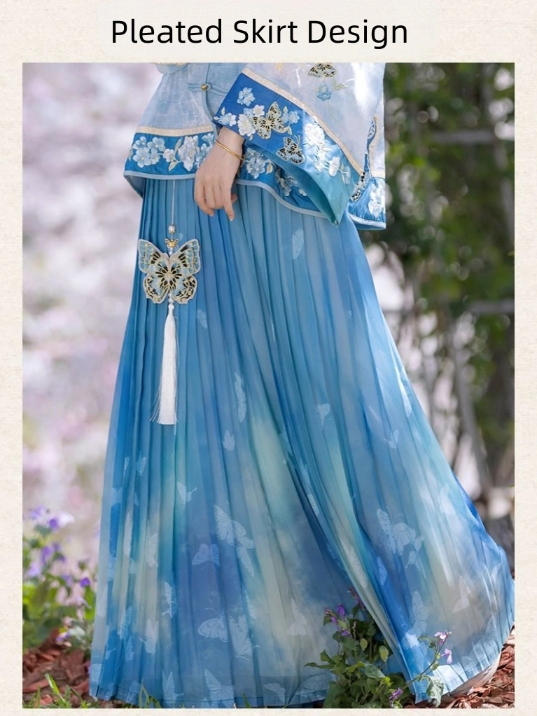 民国蓝色刺绣百褶裙套装-15