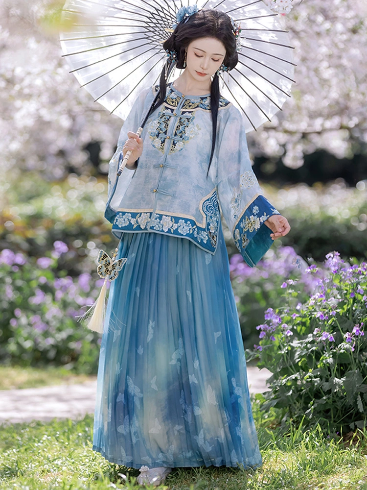 民国蓝色刺绣百褶裙套装-2