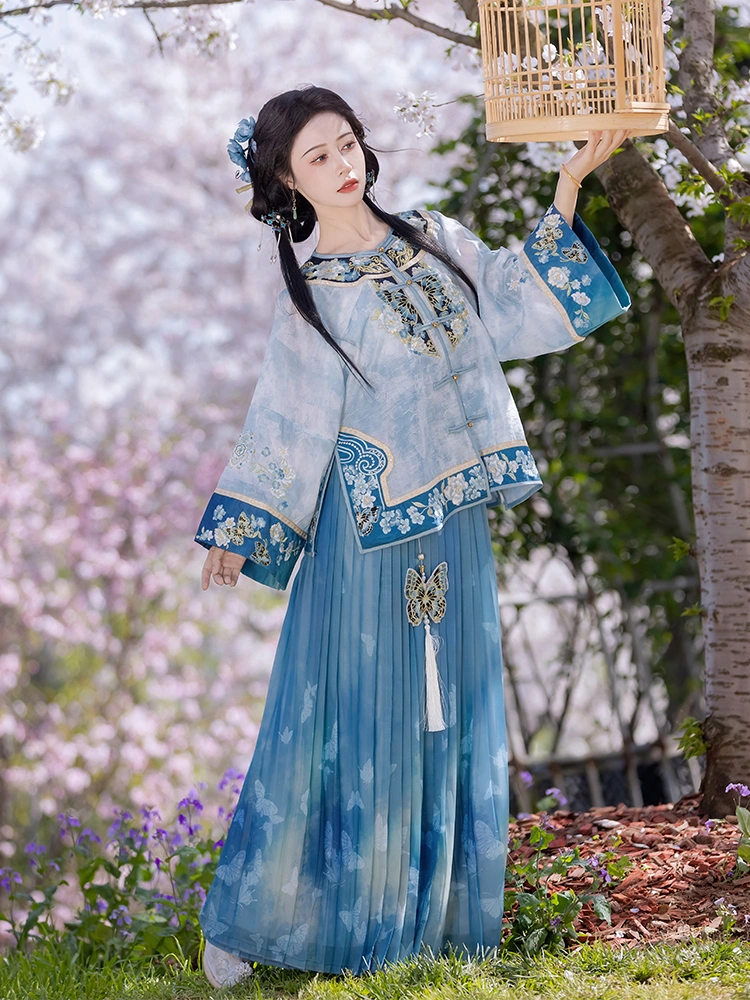 民国蓝色刺绣百褶裙套装-4