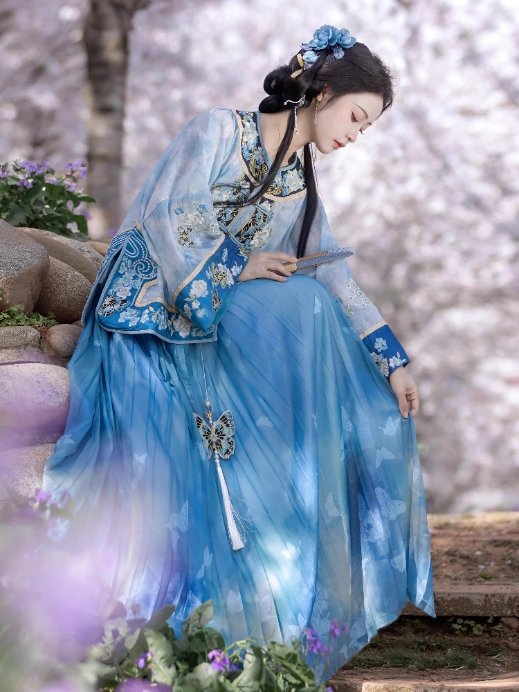 民国蓝色刺绣百褶裙套装-5