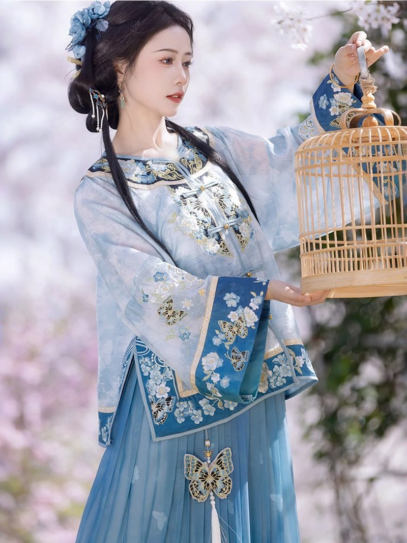 民国蓝色刺绣百褶裙套装-8