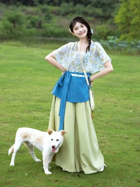 Tang Dynasty Half-Sleeve Top and Wide-Leg Pants Hanfu Set