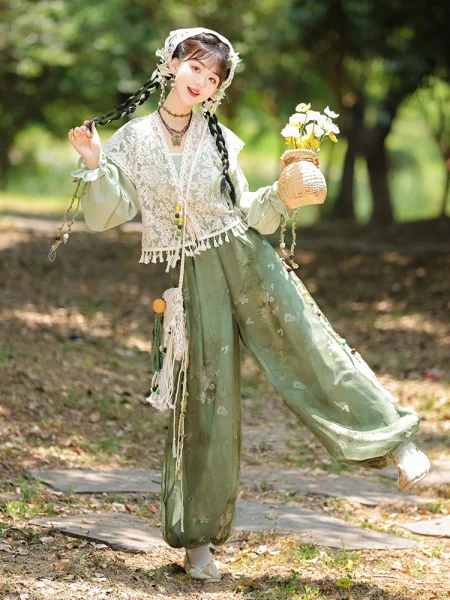 Tang Dynasty Modified Green Casual Hanfu Set
