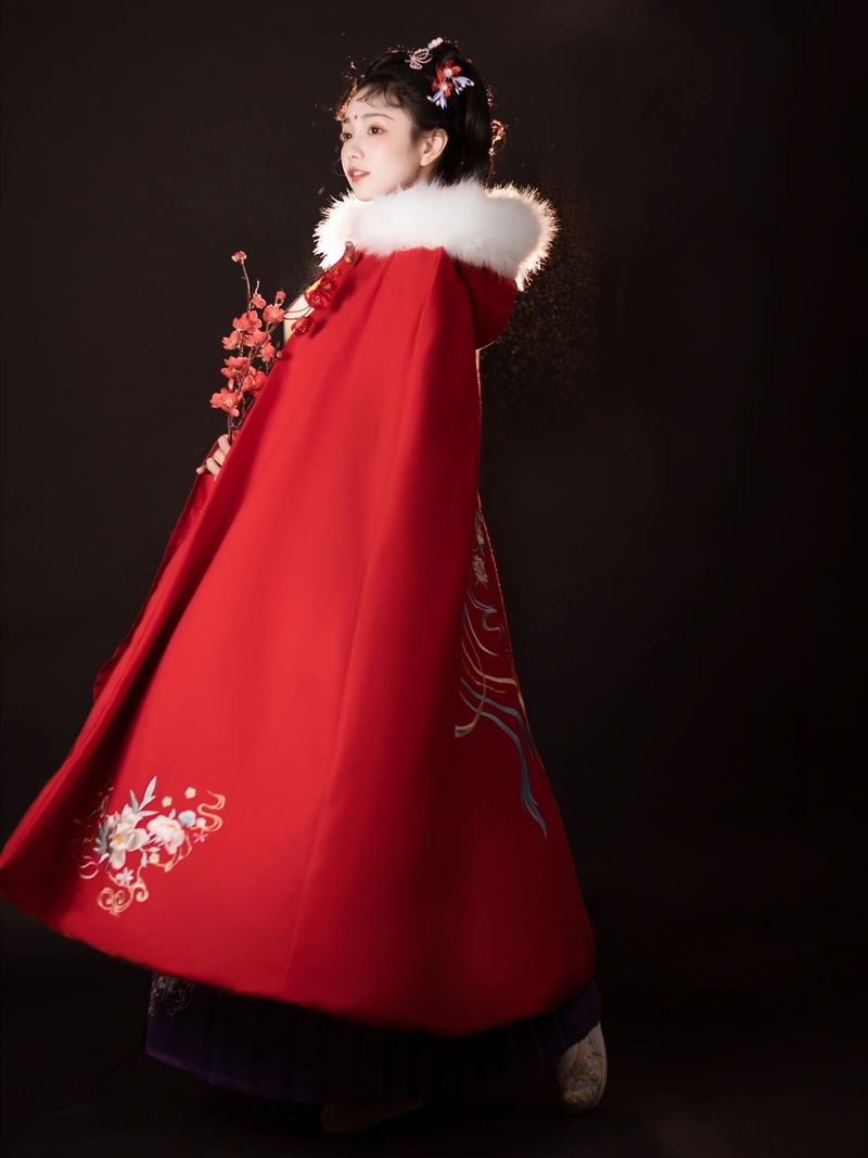 Traditional Chinese Style Red Embroidered Woolen Cape-4
