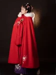 Traditional Chinese Style Red Embroidered Woolen Cape-1