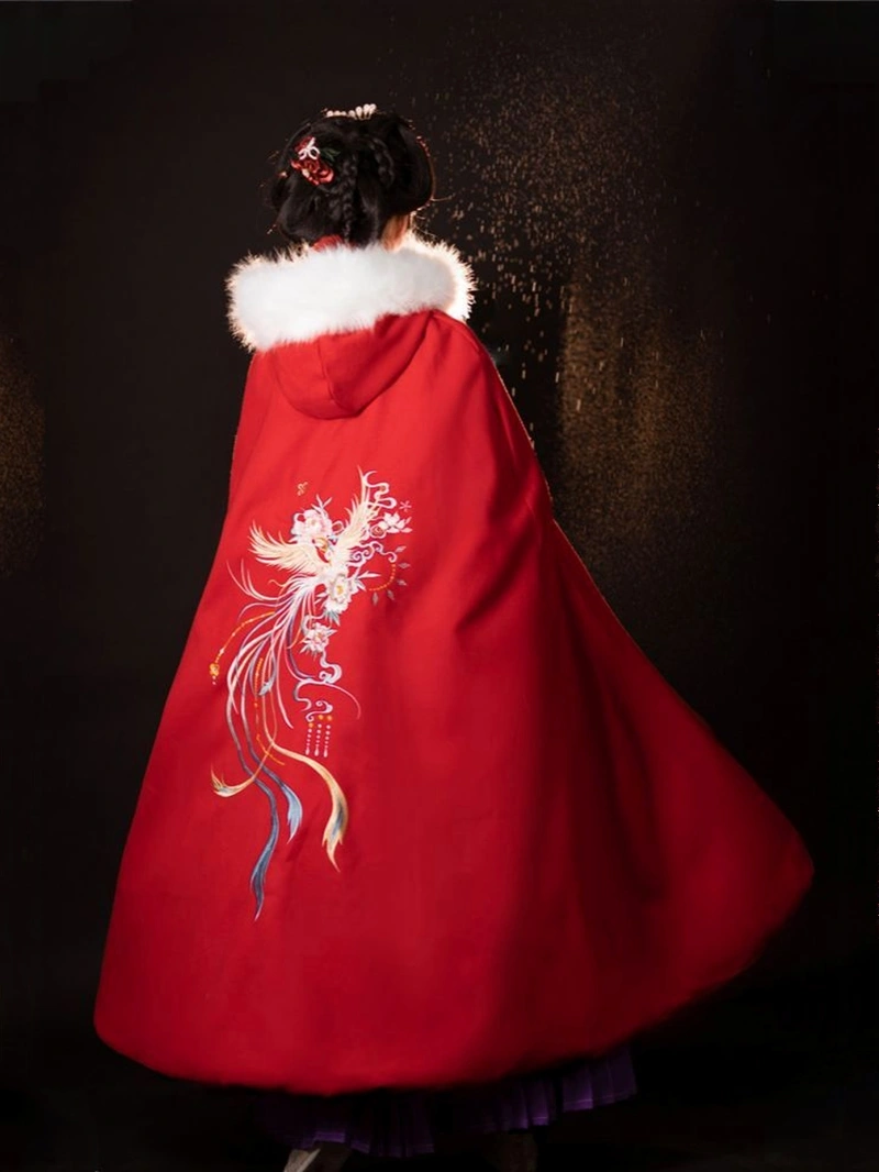 Traditional Chinese Style Red Embroidered Woolen Cape-9