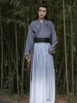 Unisex Wei Jin Style Grey Printed Hanfu Set-1