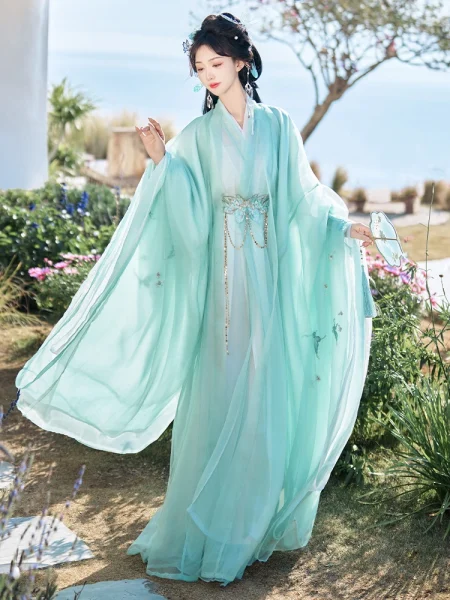Wei Jin Dynasty Spring Summer Green Zhiju Hanfu Set