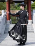 魏晉漢服男裝黑色繡花齊耀群套裝