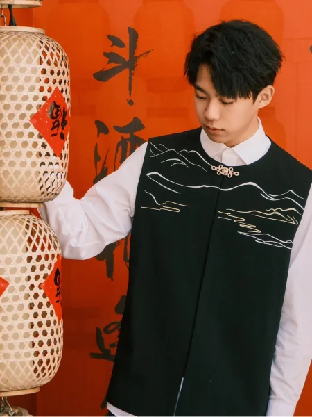 Broderad väst i kinesisk stil för unisex med grodknappar