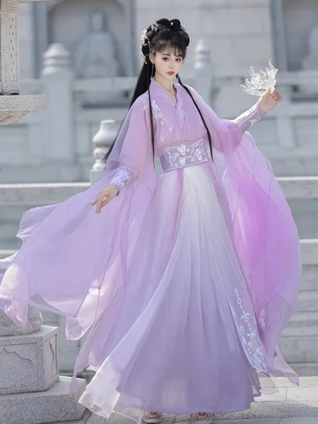 魏晉武俠風格漸變刺繡旗袍漢服連衣裙
