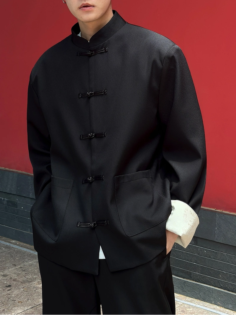 남성용 개구리 단추가 달린 새로운 중국식 블랙 탕 재킷-2