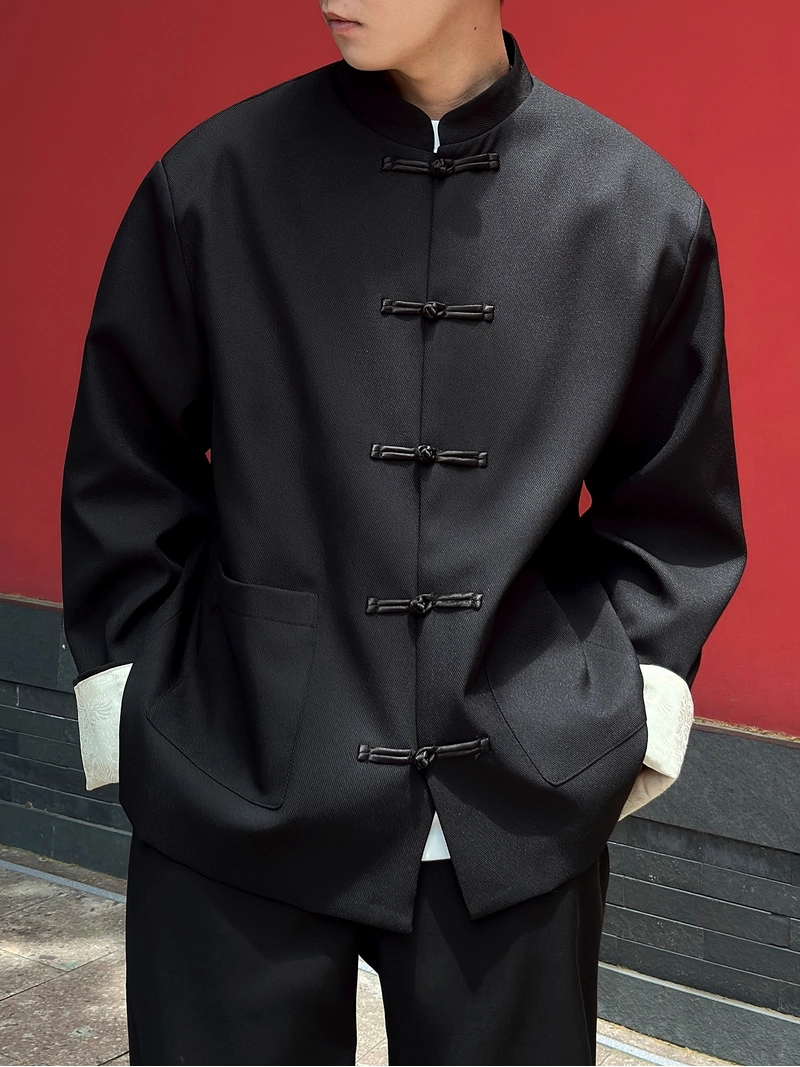 남성용 개구리 단추가 달린 새로운 중국식 블랙 탕 재킷-3