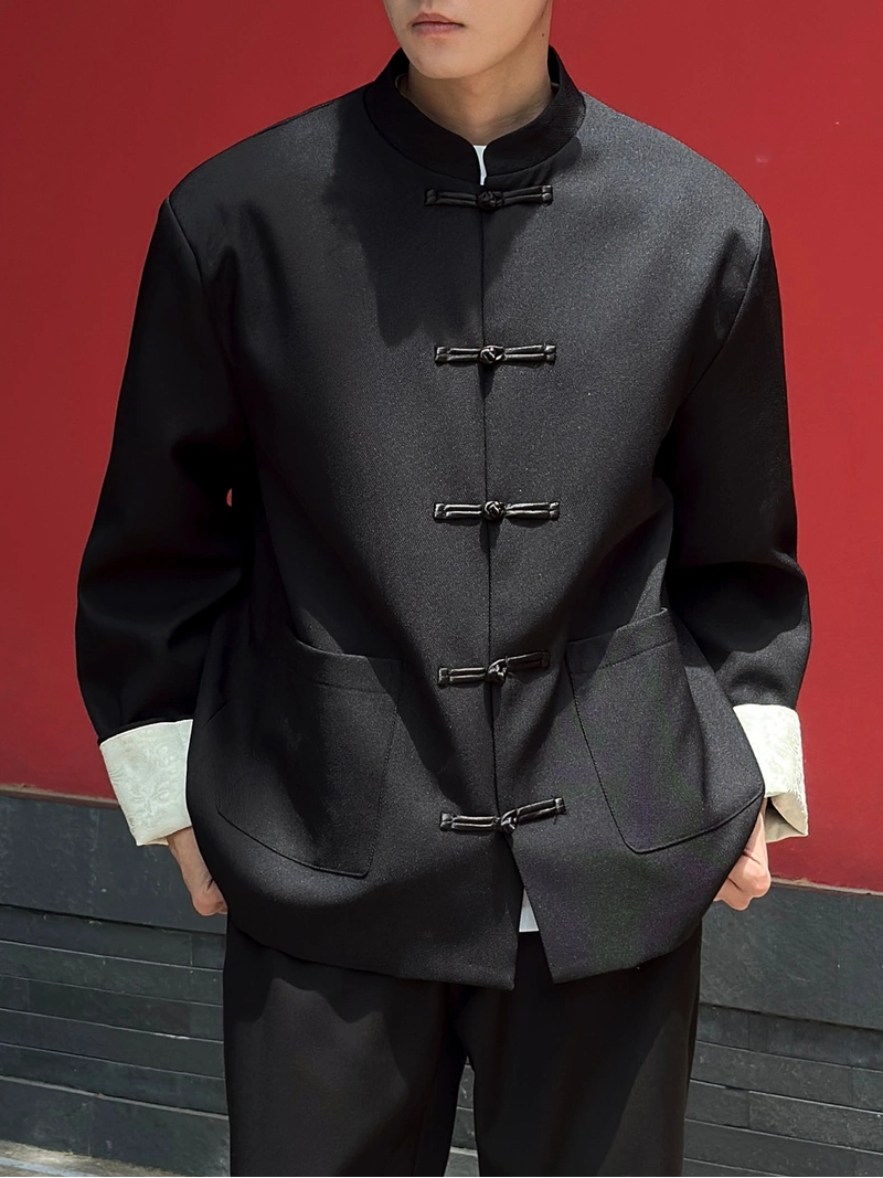 남성용 개구리 단추가 달린 새로운 중국식 블랙 탕 재킷-4