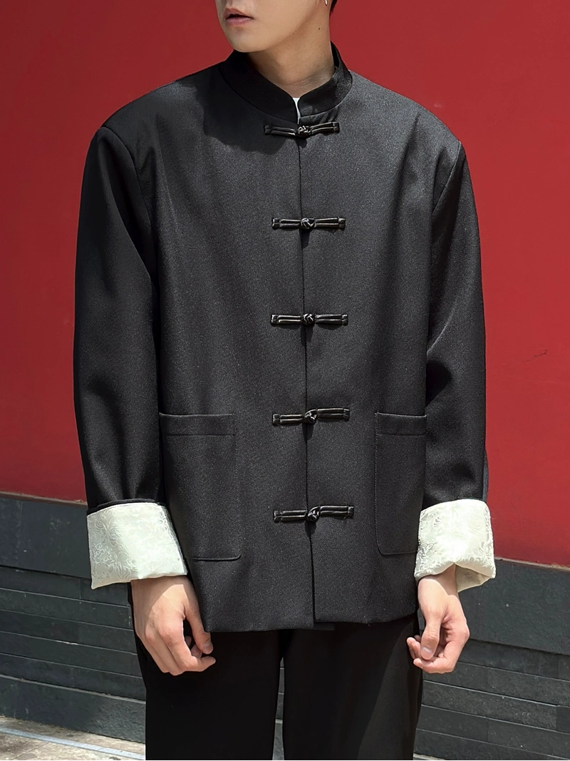 남성용 개구리 단추가 달린 새로운 중국식 블랙 탕 재킷-5