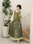 New Chinese Style Green Jacquard Vest Set with Ma Mian Qun (7)