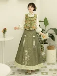 New Chinese Style Green Jacquard Vest Set with Ma Mian Qun (7)