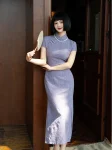 Nieuwe Chinese Stijl Paarse Jacquard Qipao Jurk-1