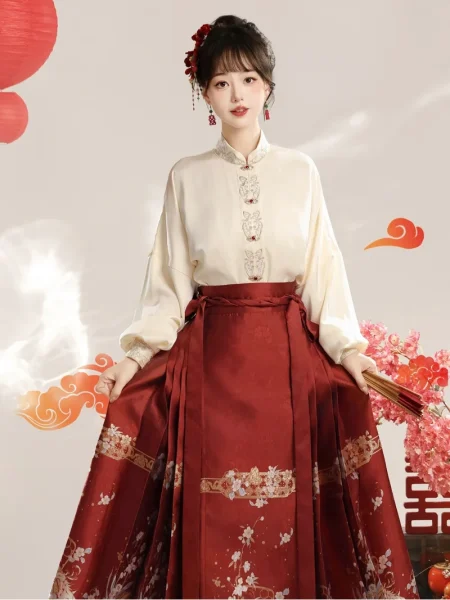 Nowy czerwony haftowany zestaw Hanfu w chińskim stylu z topem Yunjian i Ma Mian Qun