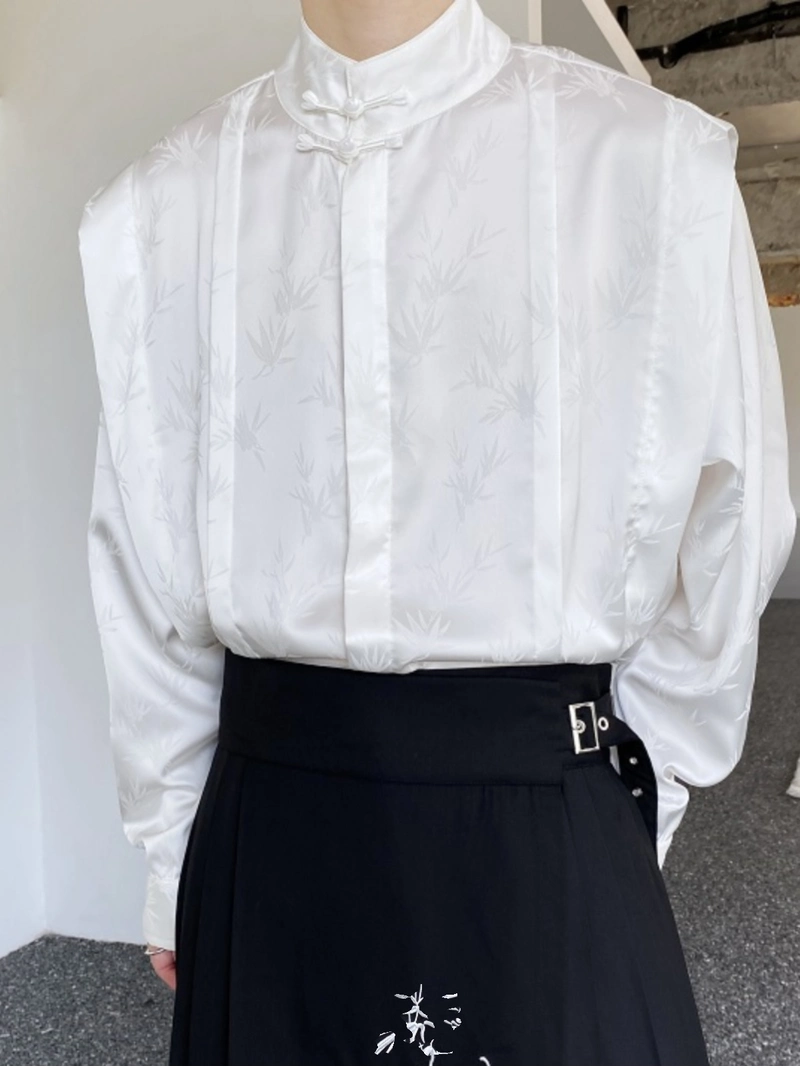 新中式緞面提花竹節紋襯衫 Unisex-1 新款中式緞面提花竹節紋中性襯衫-漢服之道:傳統與現代漢服,適合各種場合穿著