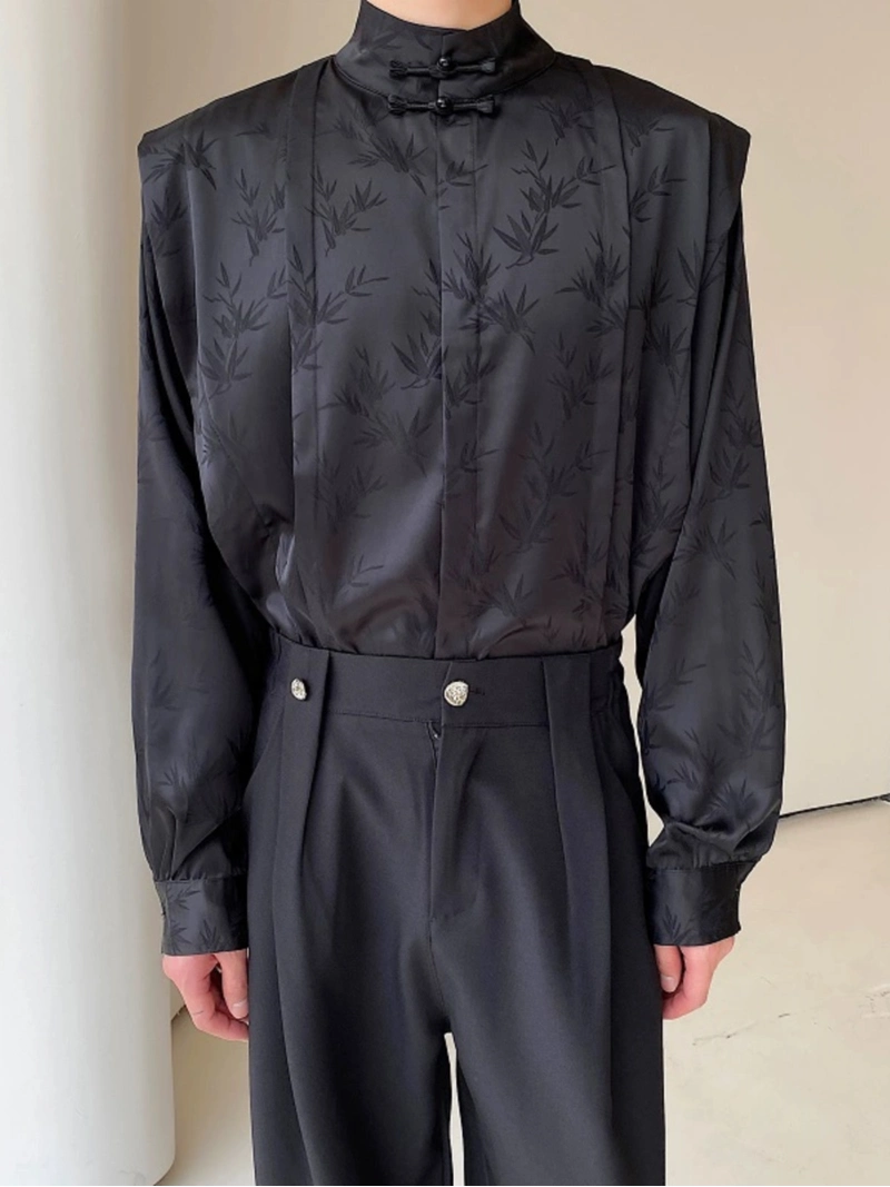 新中式緞面提花竹節紋襯衫中性-2