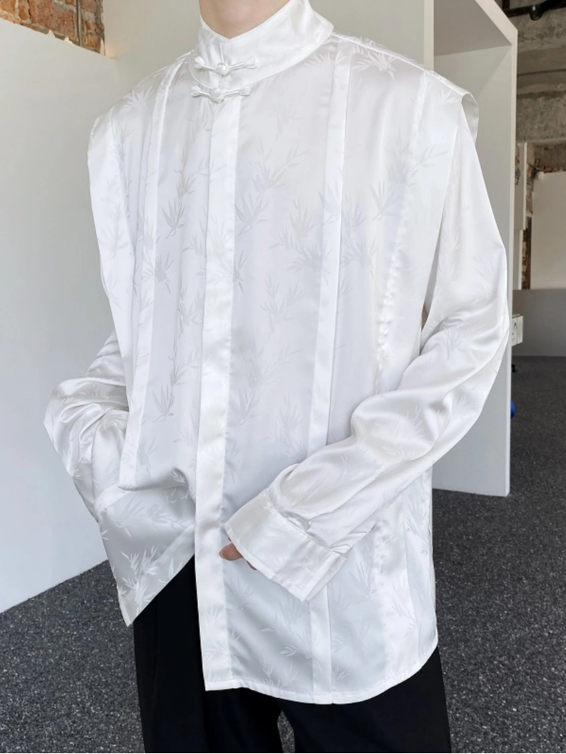 新中式緞面提花竹節紋中性襯衫-3