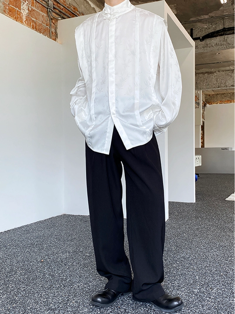 新中式緞面提花竹節紋襯衫 Unisex-5