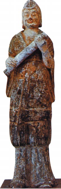 A woman wearing pleated trousers (Northern Dynasties pottery figurine, surviving original artifact)