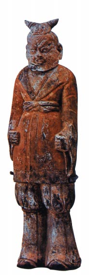 A man wearing pleated trousers (Northern Dynasties pottery figurine, surviving original artifact)