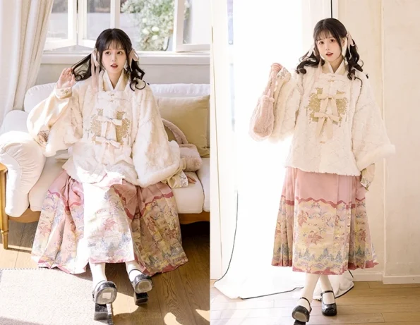 Dinasti Ming Hanfu Brokat Emas Tari Yulong Midi Mamian Qun