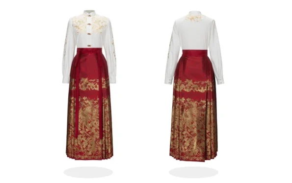 Mingdynastin Hanfu Röd Guld-Brokader Ma Mian Qun Bröllopsset