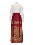 Mingdynastin Hanfu Röd Guld-Brokader Ma Mian Qun Bröllopsset (7)