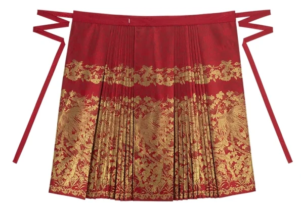 Mingdynastin Hanfu Röd Guld-Brokader Ma Mian Qun Bröllopsset