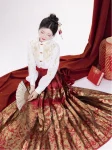 Mingdynastin Hanfu Röd Guld-Brokader Ma Mian Qun Bröllopsset (7)