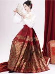 Mingdynastin Hanfu Röd Guld-Brokader Ma Mian Qun Bröllopsset (7)