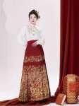 Mingdynastin Hanfu Röd Guld-Brokader Ma Mian Qun Bröllopsset (7)