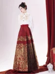 Mingdynastin Hanfu Röd Guld-Brokader Ma Mian Qun Bröllopsset (7)