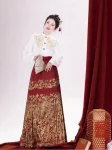 Mingdynastin Hanfu Röd Guld-Brokader Ma Mian Qun Bröllopsset (7)
